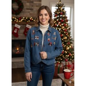 BSA Vtg Christmas Patch Denim Button Up Shirt Snowman Holiday Sz M / L No Tag